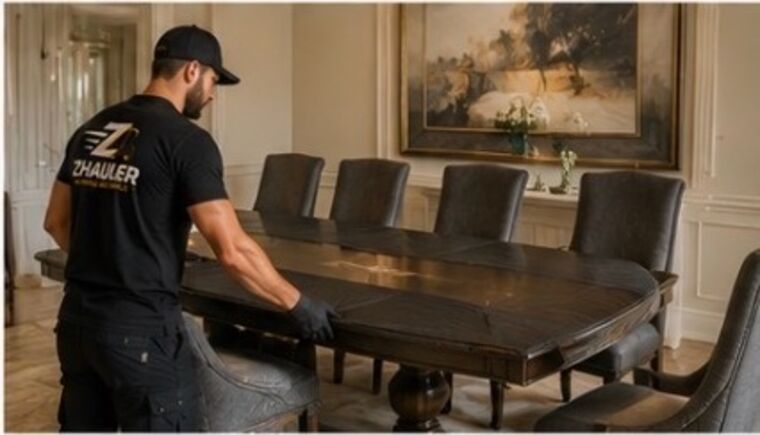Mover preparing a dining table for transport